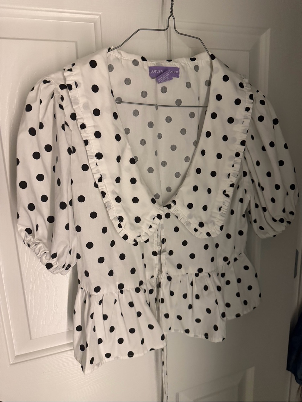 Lotus&lavender White Polka Dot Ruffle Collar Top